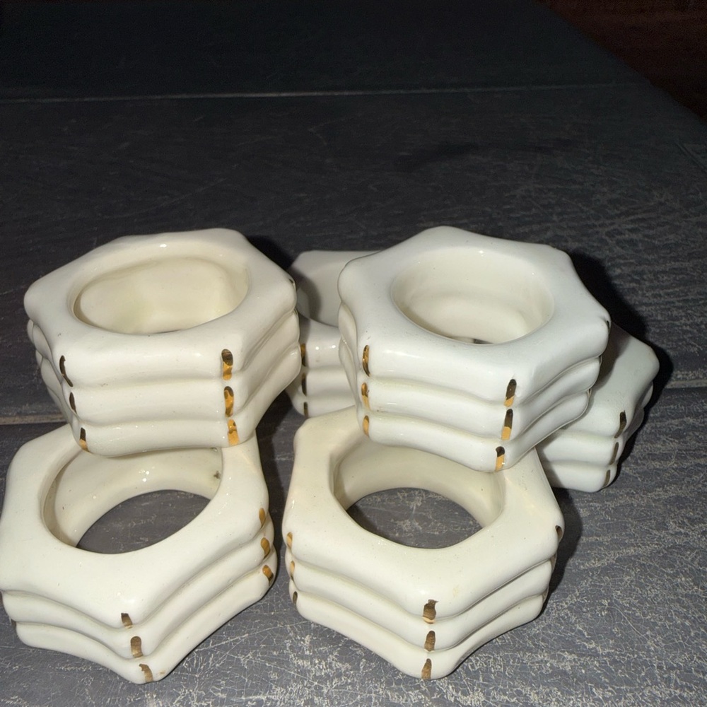 Classic White Ceramic Napkin Rings with Gold Accent